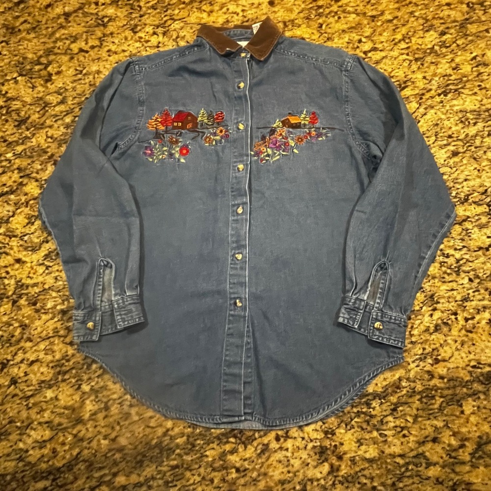 Vintage Victoria Jones Denim Shirt Womens S Embroidered‎ Cabin Corduroy Collar